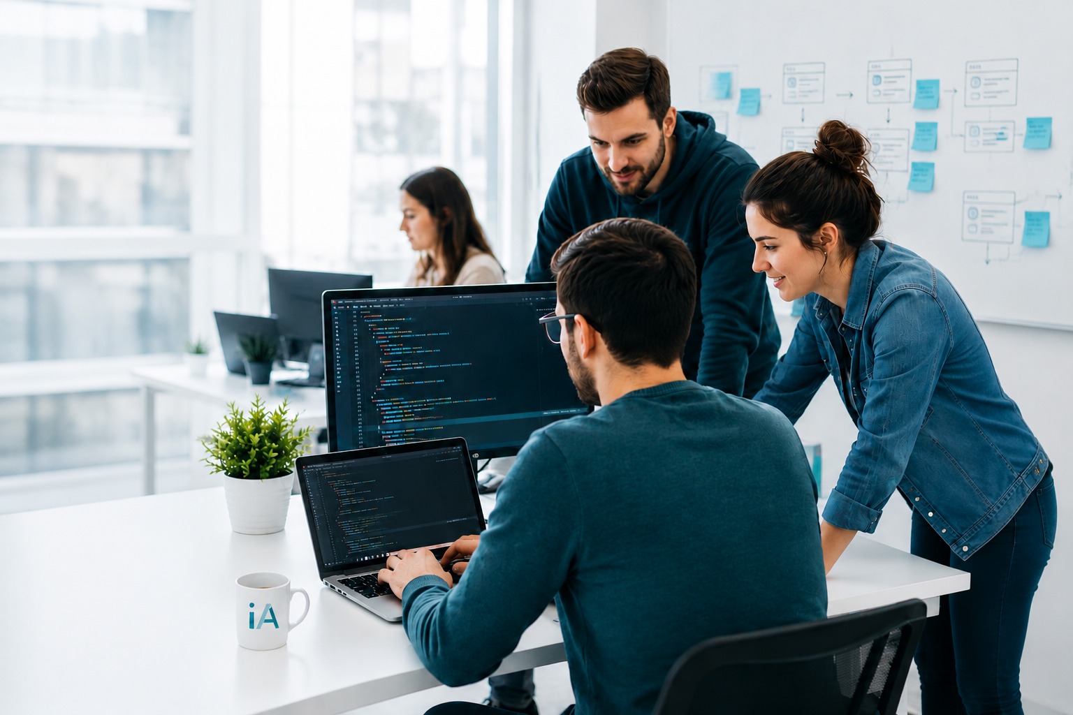 Equipo de iActiva colaborando frente a pantallas con código, junto a una pizarra con diagramas de procesos automatizados
