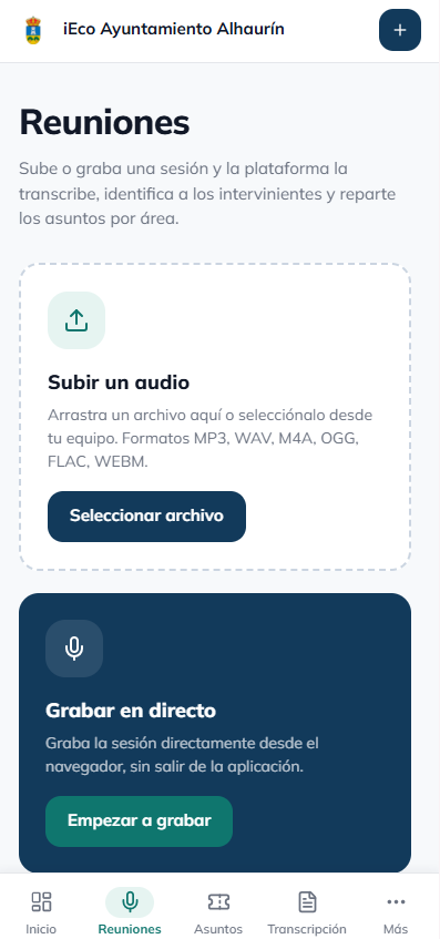 Captura de la aplicación iEco Ayto: Transcribe reuniones municipales y organiza acuerdos, tareas y responsables automáticamente.