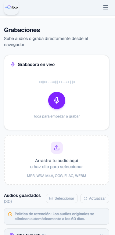 Captura de la aplicación iEco: Transcribe, procesa y documenta sin intervención manual.